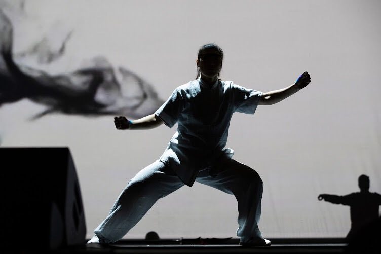 Master Chen Huixian demonstrating Chen Taijiquan in silhouette on stage at the Kansas City Chinese Association New Year's Gala
