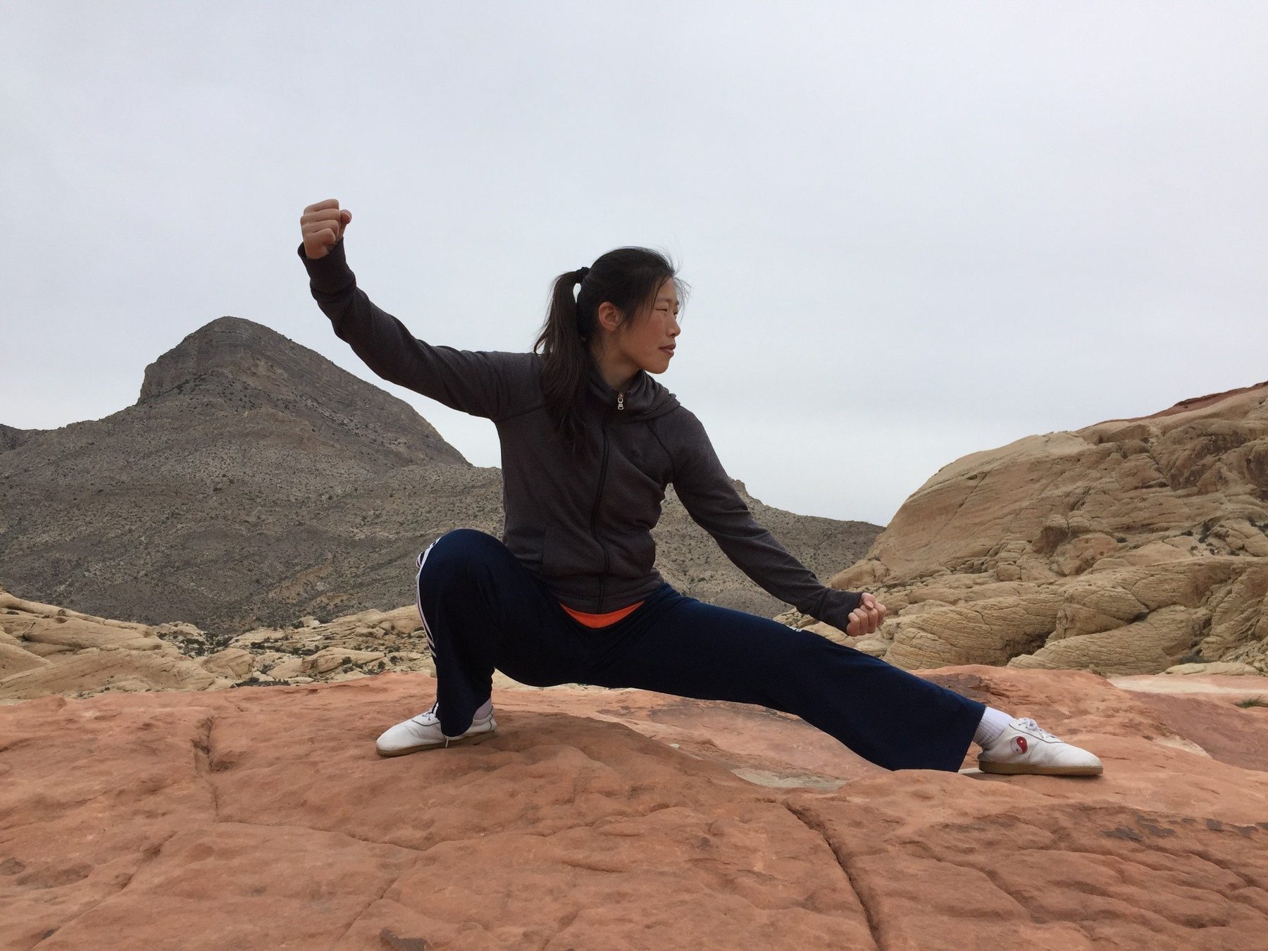 Master Chen Huixian holding a deep low stance outdoors