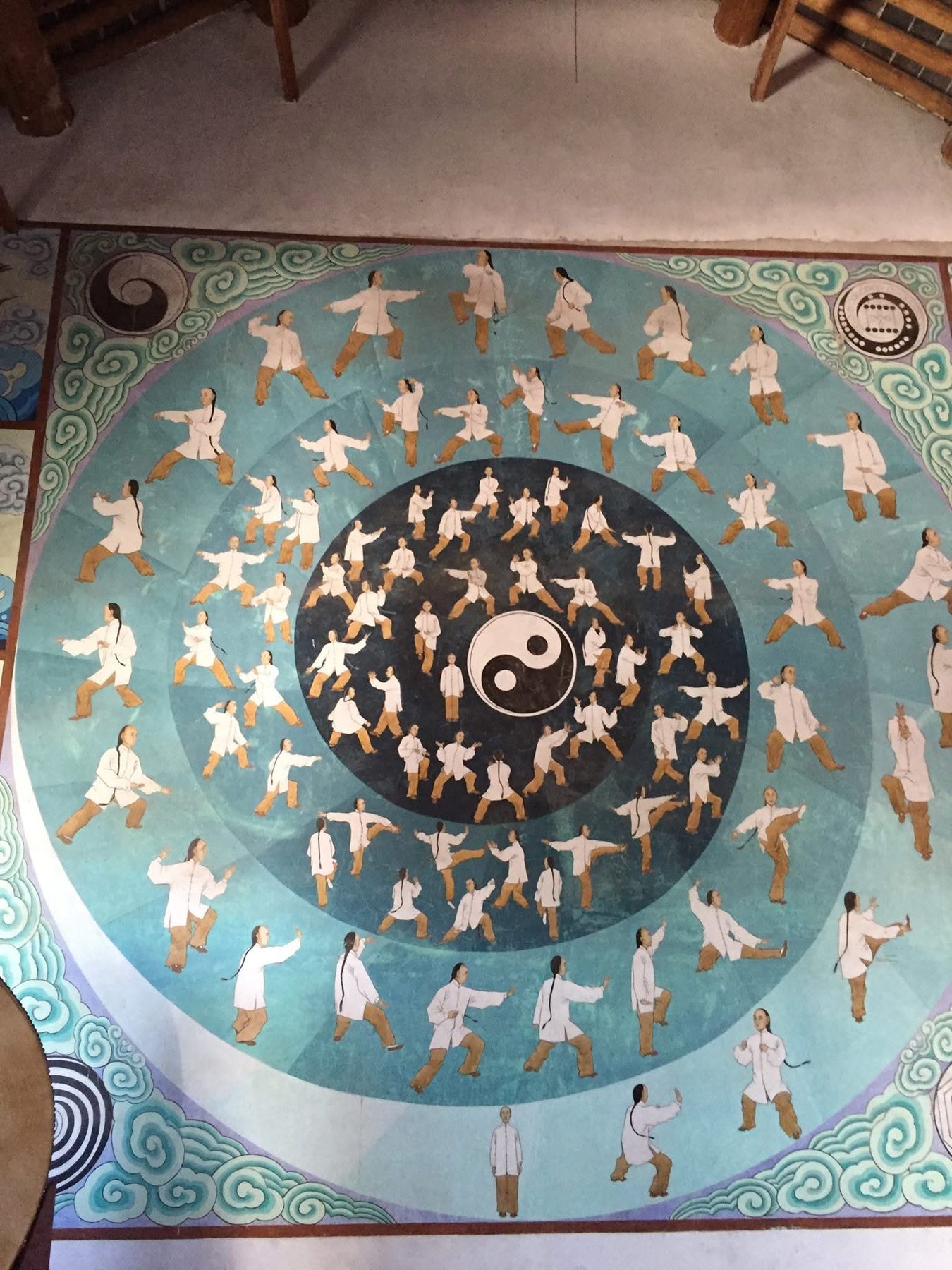 Temple mural showing a complete cycle of Taijiquan postures arranged around a yin-yang symbol